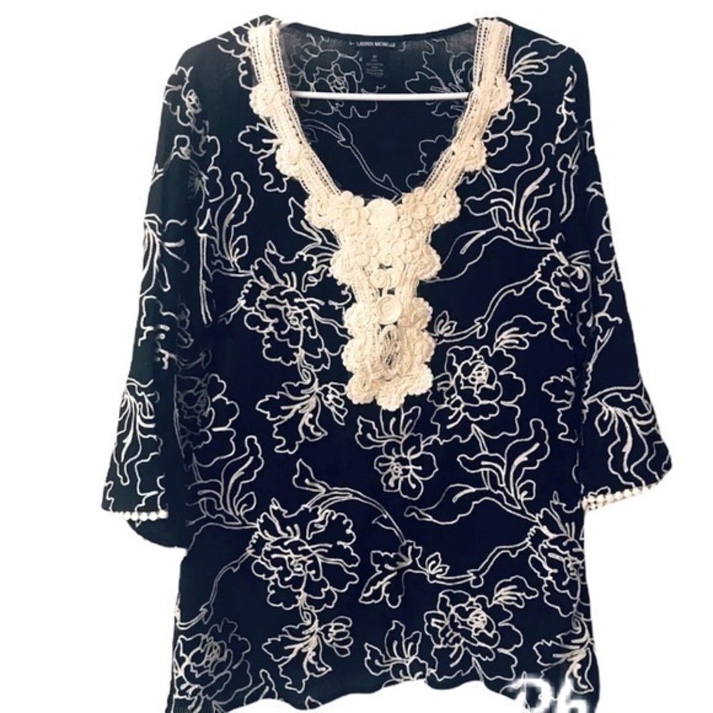 LAUREN MICHELLE Blue Tunic White Embroidered/ Soutache Appliqué, Cotton,…
